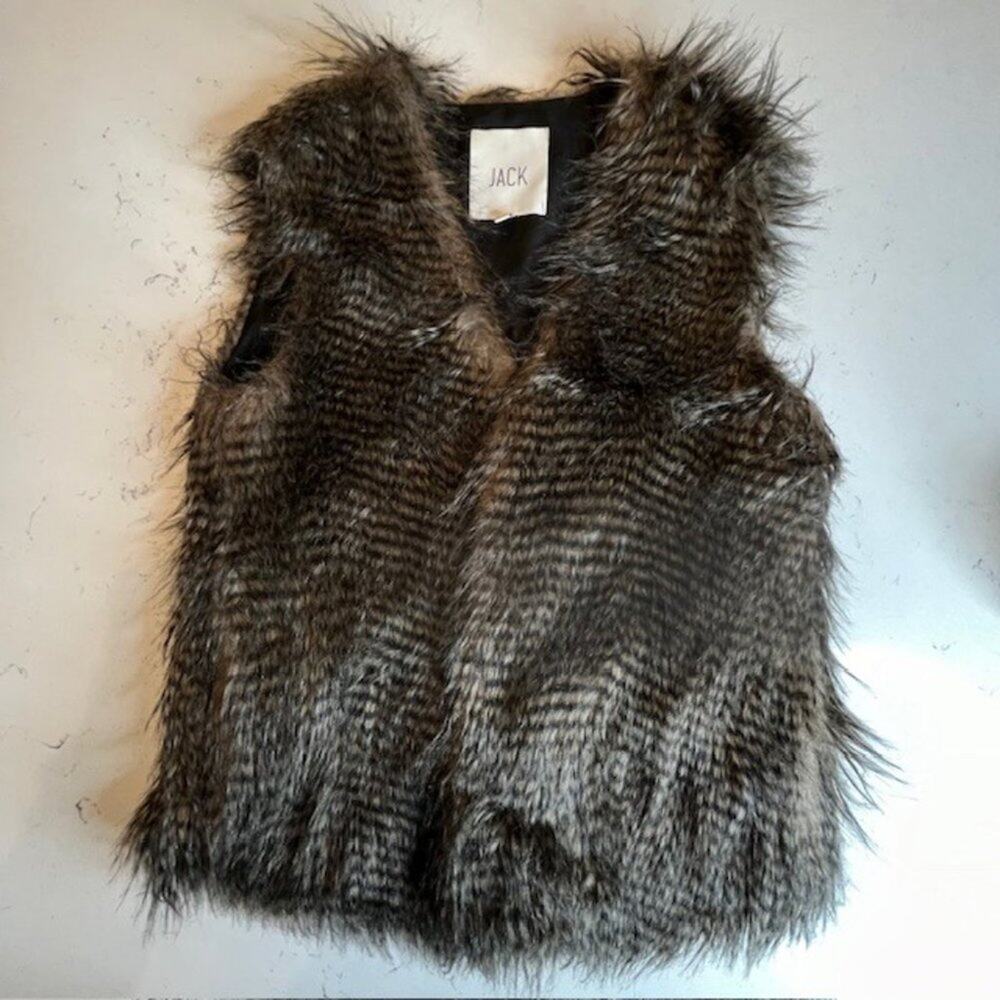 Lined Brown Black Striped Faux Fur Vest W/Pockets Size Small